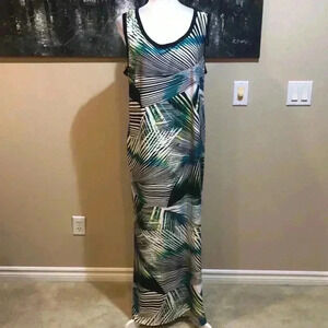 Avenue Tropical Print Blue/Green Maxi Dress-Size 18-20